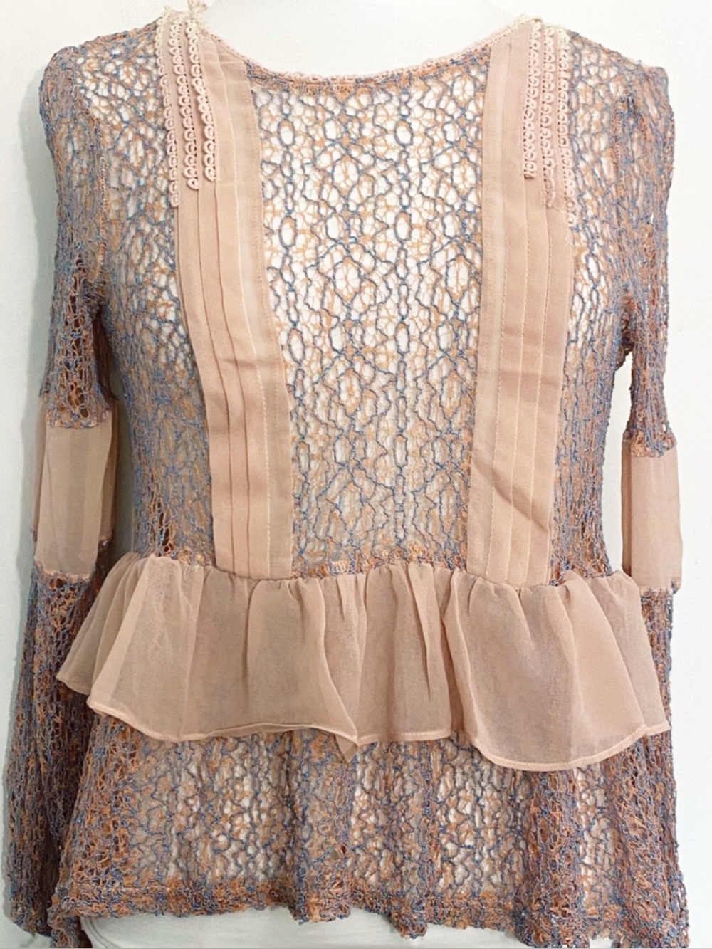 RYU Lacy Sheer Mesh Womens Peplum Fairy Festival Top in Blush Double Back Ties M